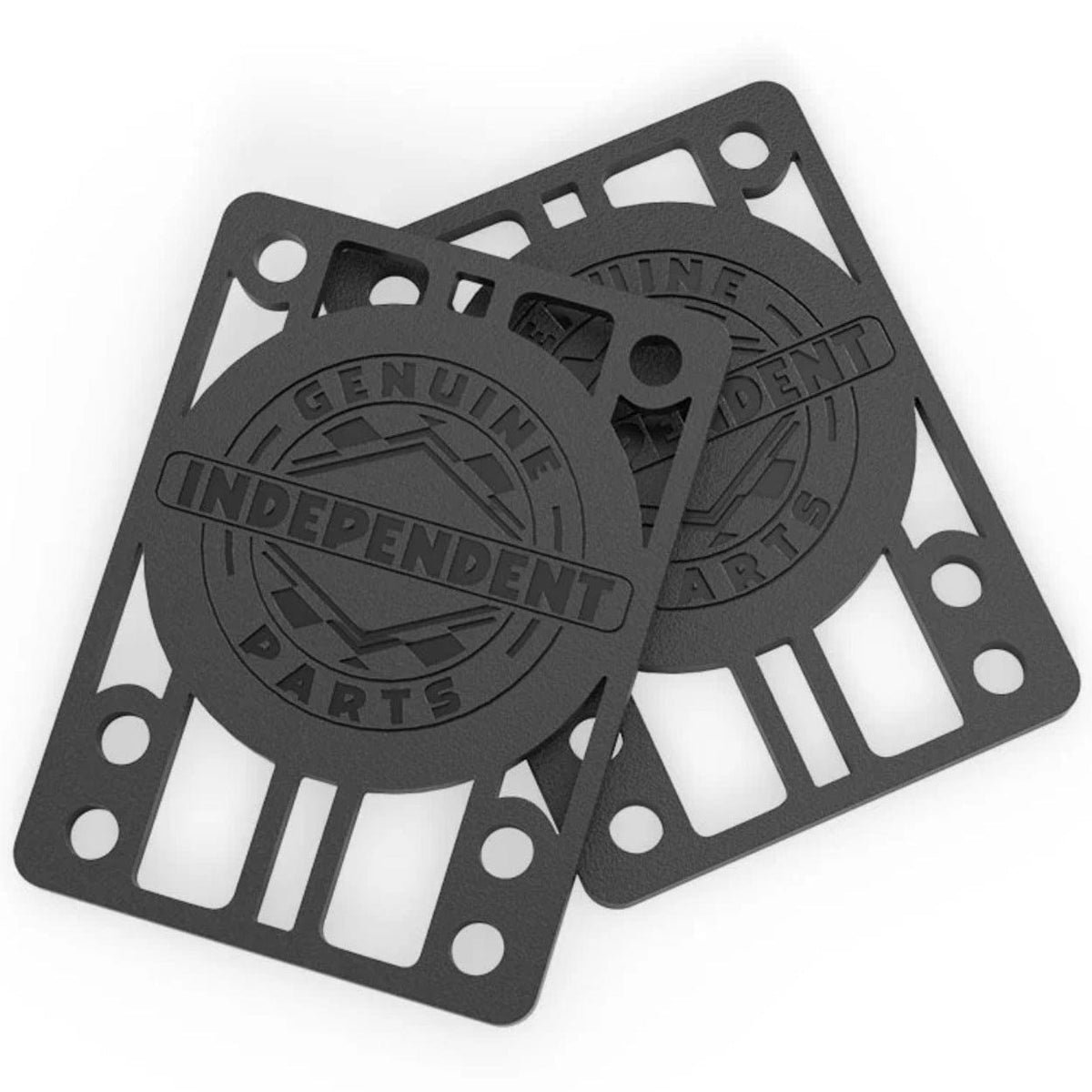 Black Independent skateboard riser pads, 1/8 inch thick, designed to elevate and protect skateboard decks during riding.