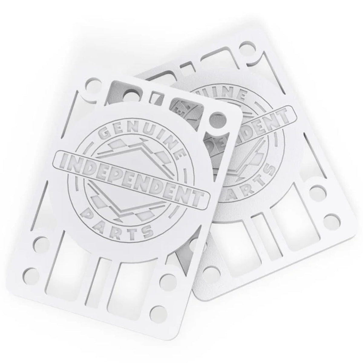 White Independent skateboard riser pads, 1/8 inch thick, designed to elevate and protect skateboard decks during riding.