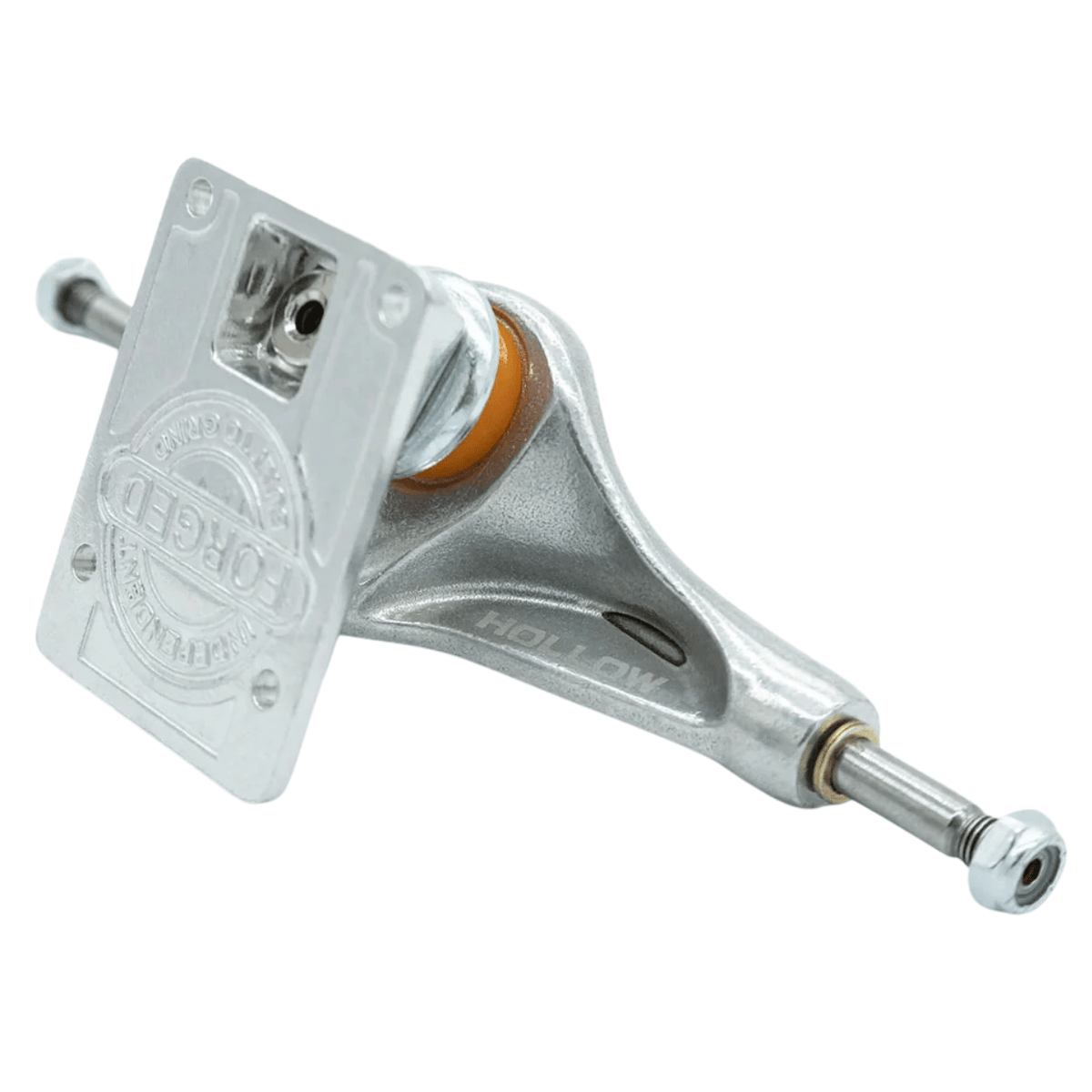 Silver Independent Hollow Forged Stage 11 skateboard trucks mounted on a deck, showcasing durable construction and sleek design.