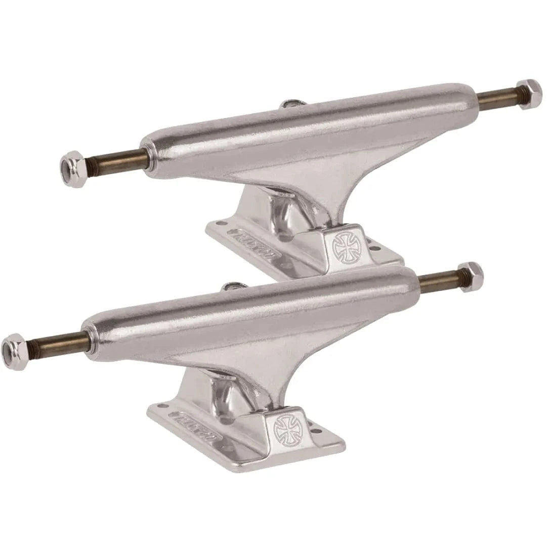Silver Independent Hollow Forged Stage 11 skateboard trucks with polished finish and detailed branding, designed for durability and performance.