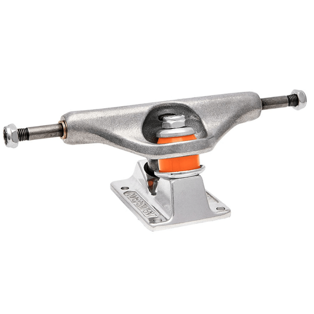 Silver Independent Hollow Forged Stage 11 skateboard trucks with polished finish and sturdy construction, mounted on a skateboard deck.
