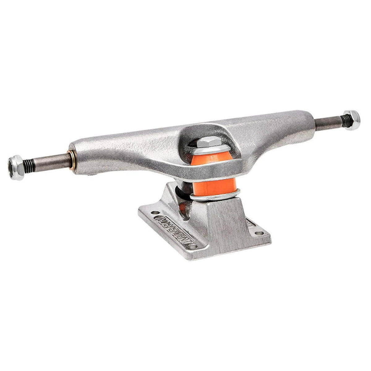Silver Independent Mid Skateboard Trucks for trucks, with a sleek design and durable construction, shown on a skateboard deck.