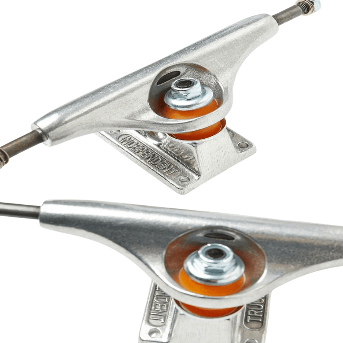 Silver Independent Stage 11 skateboard trucks with polished finish, featuring durable trucks designed for high performance skateboarding.