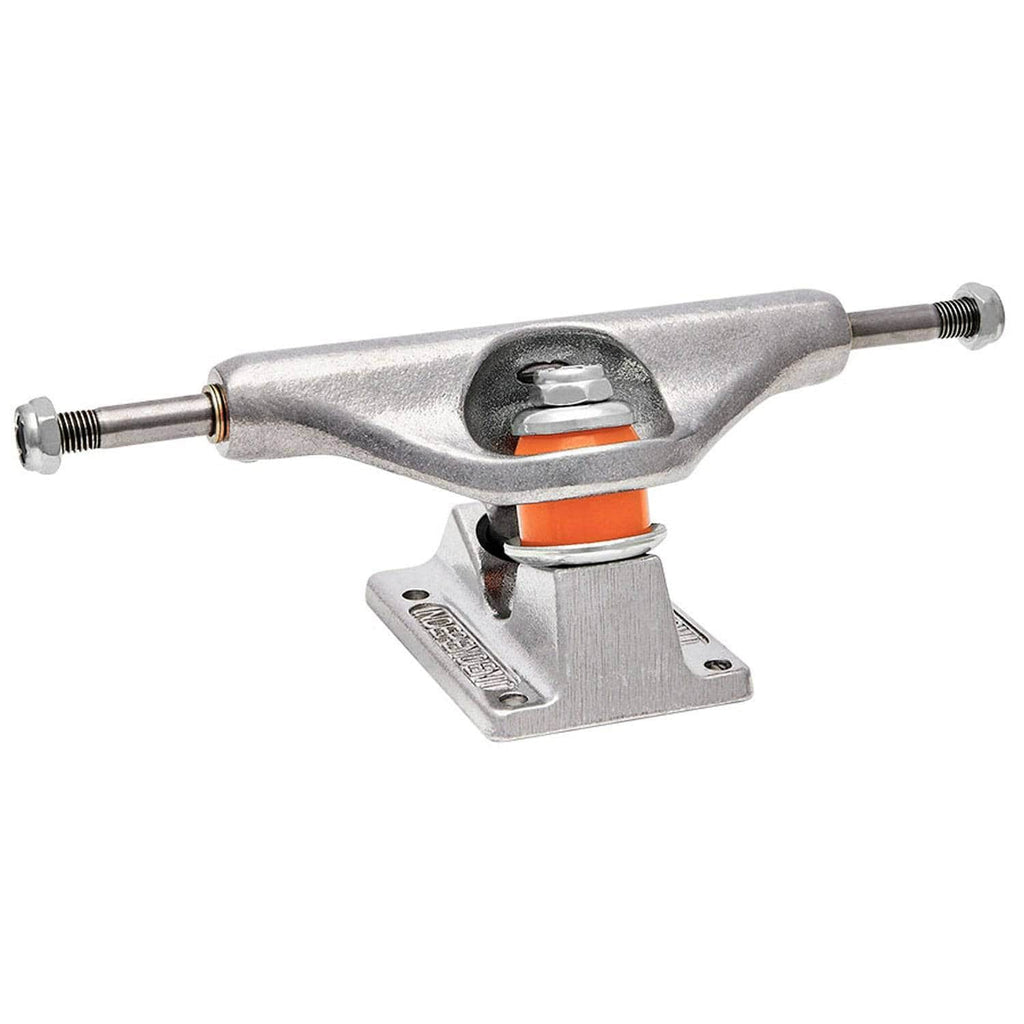 Silver Independent Stage 11 skateboard trucks with polished finish, designed for stability and durability in skateboarding.