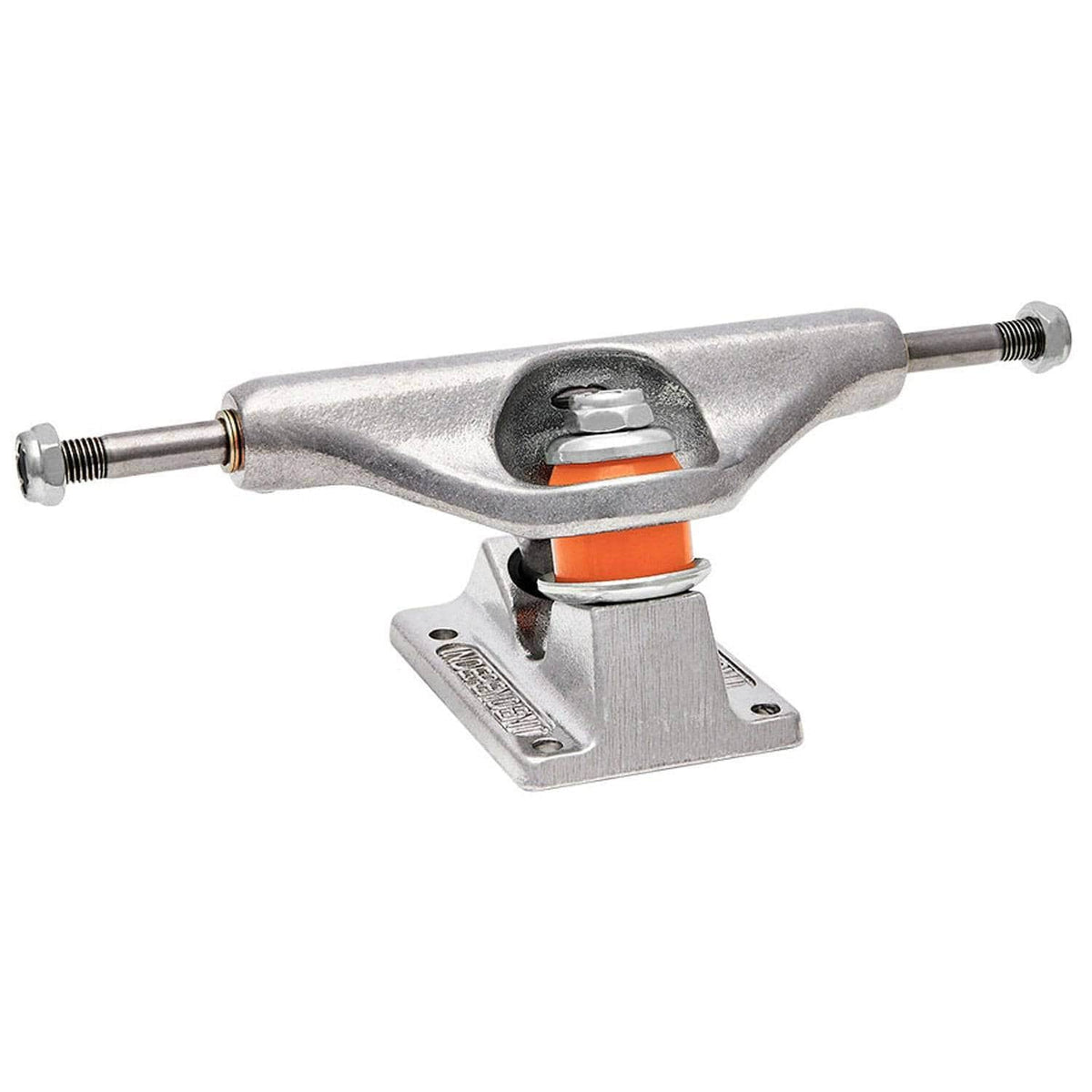 Silver Independent Stage 11 skateboard trucks with polished finish, designed for stability and durability in skateboarding.