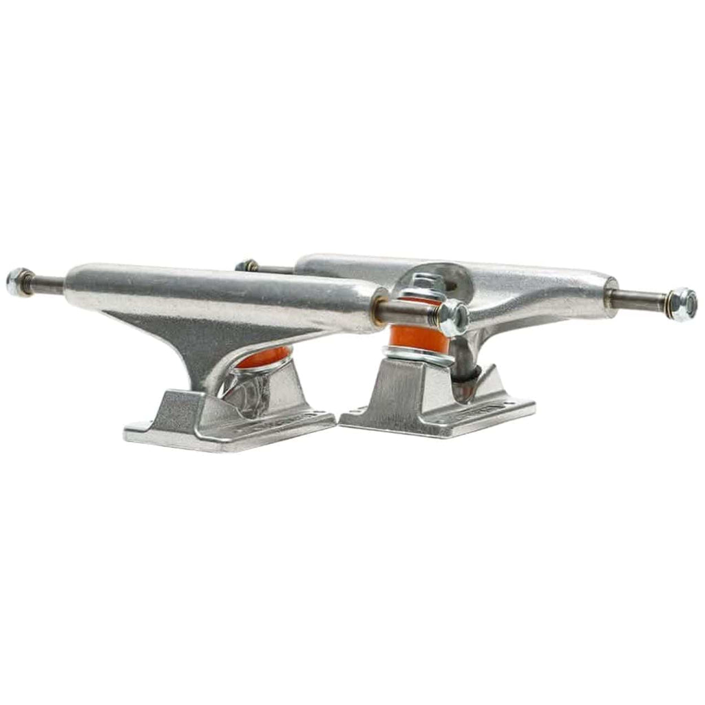 Silver Independent Stage 11 skateboard trucks with polished finish, showcasing the sturdy trucks and brand logo.