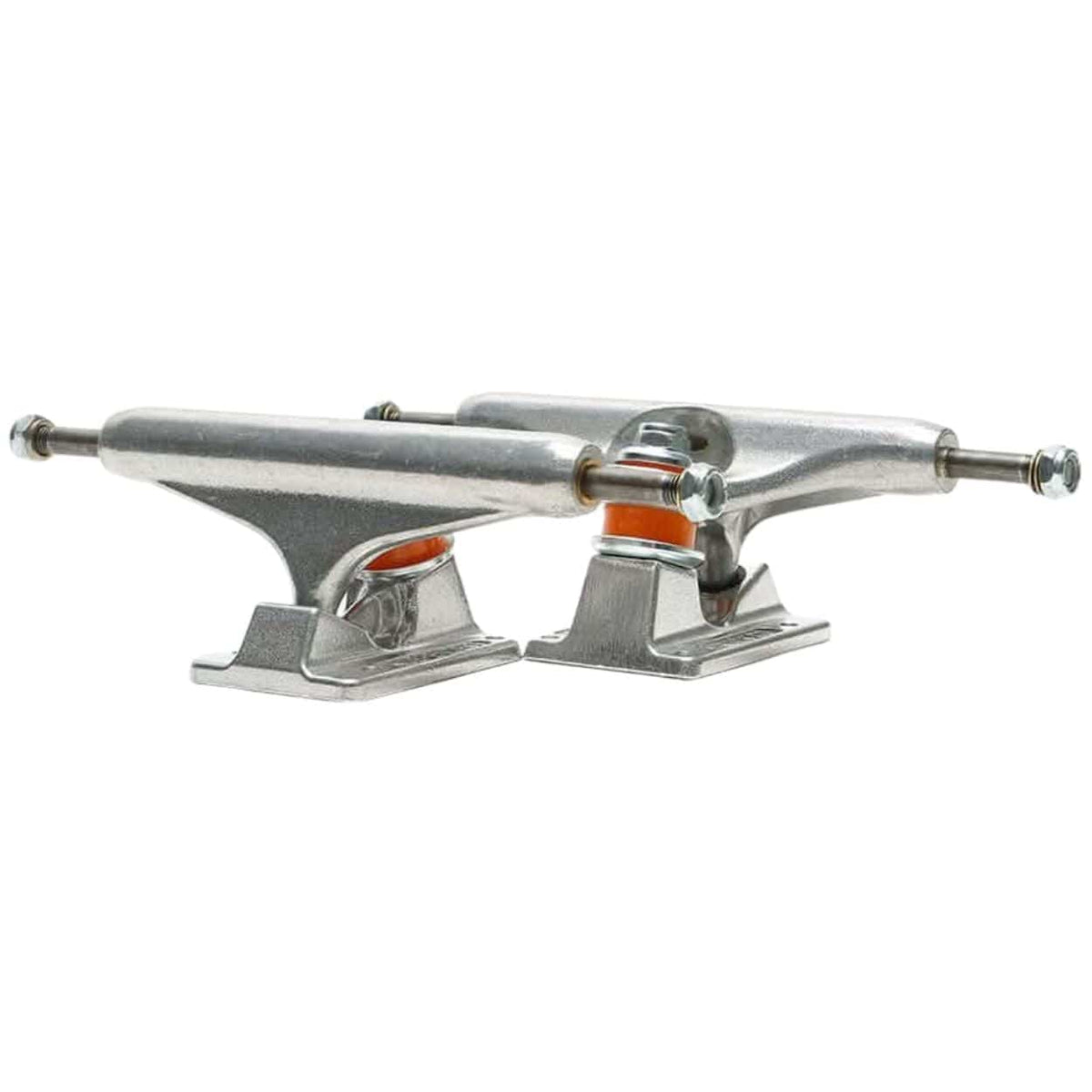 Silver Independent Stage 11 skateboard trucks with polished finish, showcasing the sturdy trucks and brand logo.