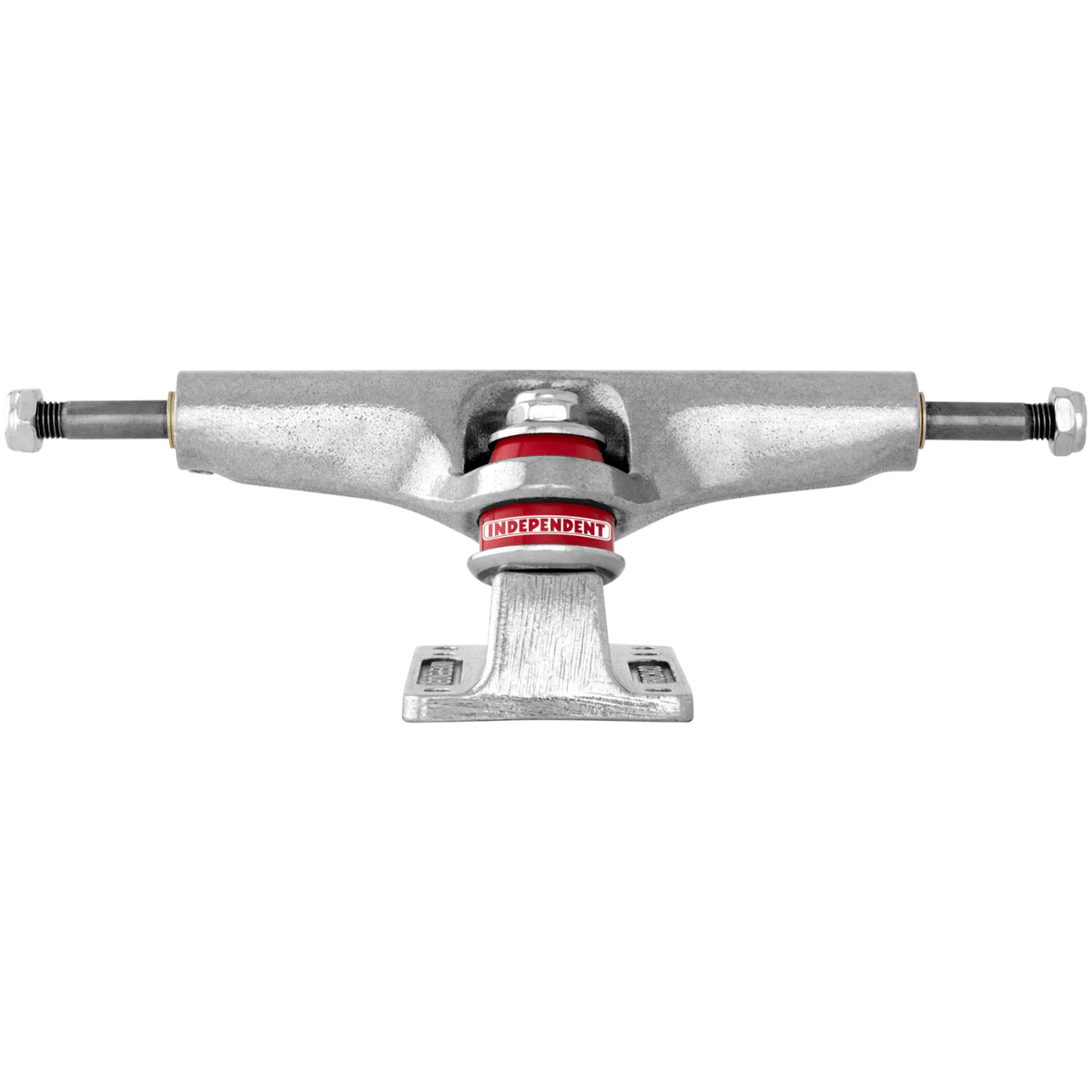 Independent Stage 4 Standard Skateboard Trucks showing black trucks with silver bushings and mounting bolts on a skateboard deck.