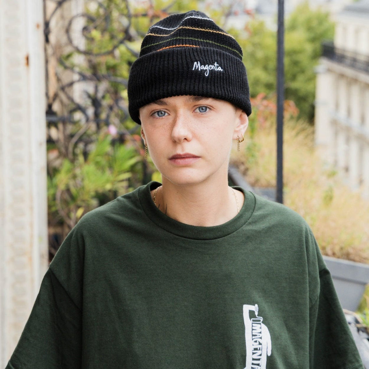 Magenta Skateboards Lines Beanie in black, showcasing a snug fit and bold line design, perfect for skateboarding and casual wear.