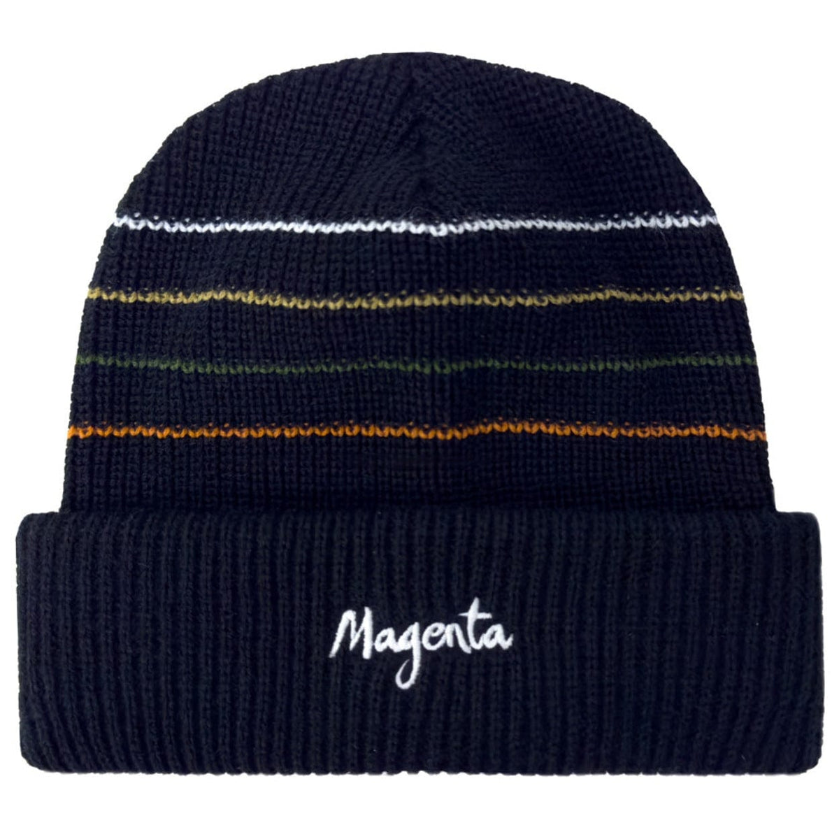 Magenta Skateboards Lines Beanie in black, featuring a snug fit and bold line pattern, ideal for skateboarding and casual wear.