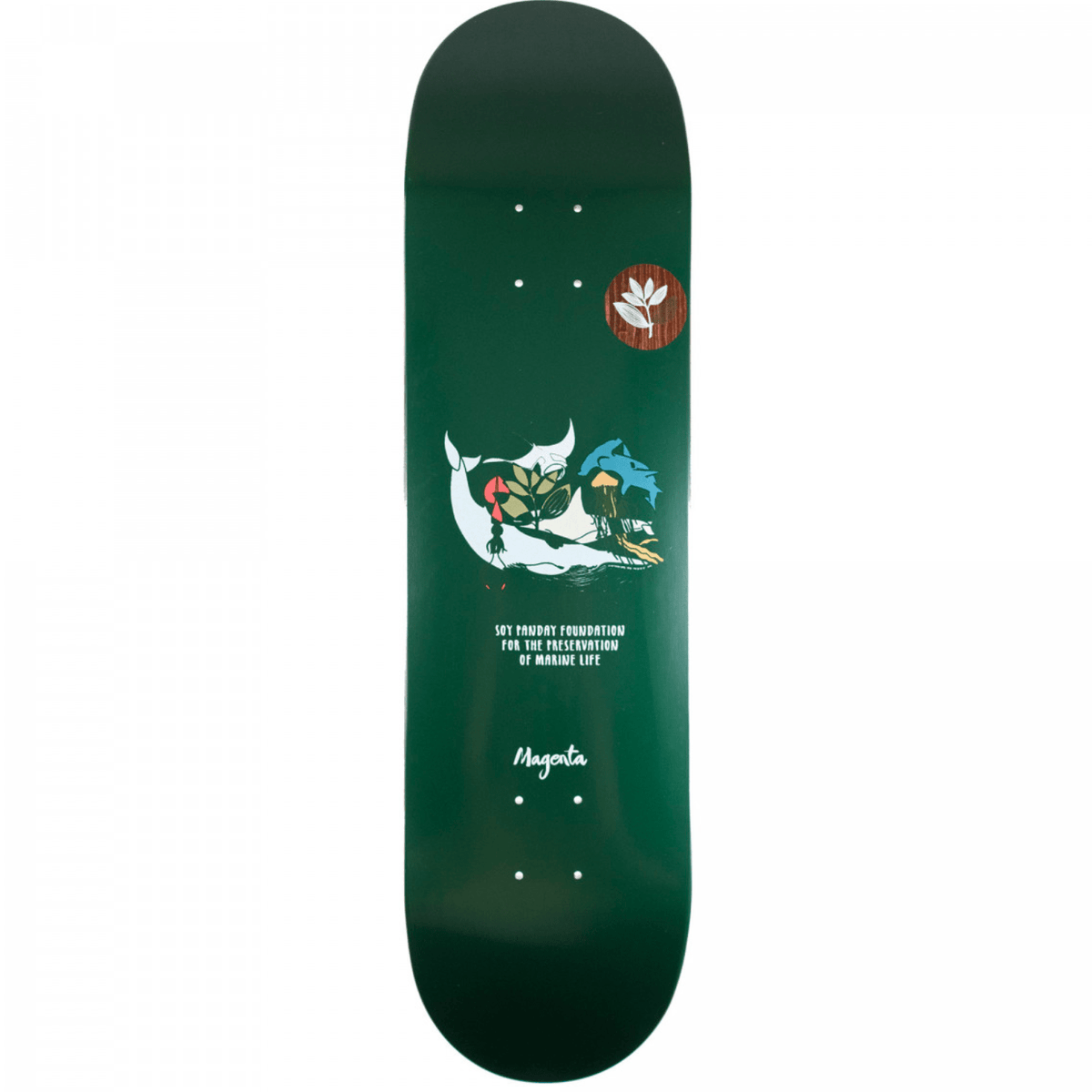 Magenta Soy Panday Deep Series skateboard deck in magenta with 8.125-inch width, showcasing a vibrant graphic design.