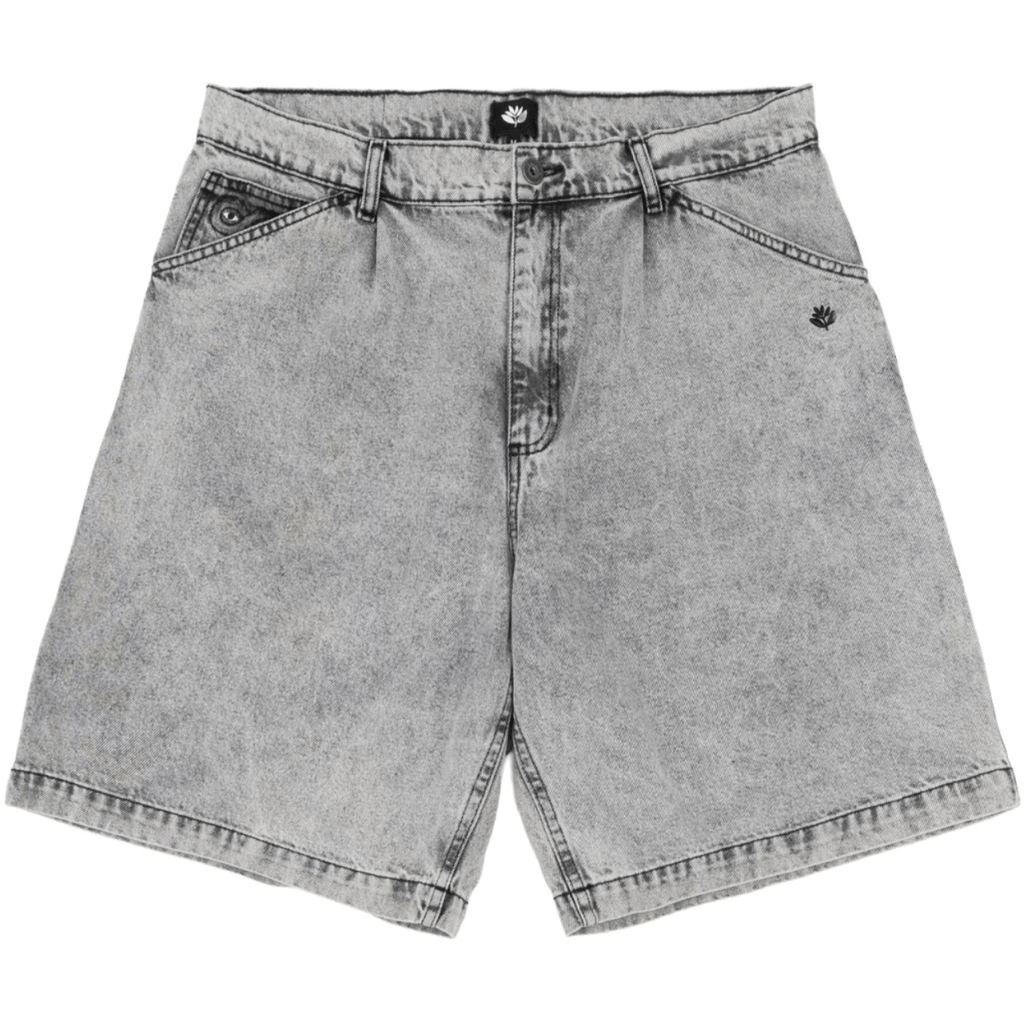 Magenta Skateboards OG Denim Long Shorts in acid wash, showcasing the stylish magenta-colored denim shorts with a relaxed fit.