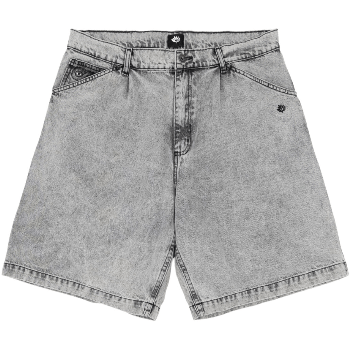 Magenta Skateboards OG Denim Long Shorts in acid wash, showcasing the stylish magenta-colored denim shorts with a relaxed fit.