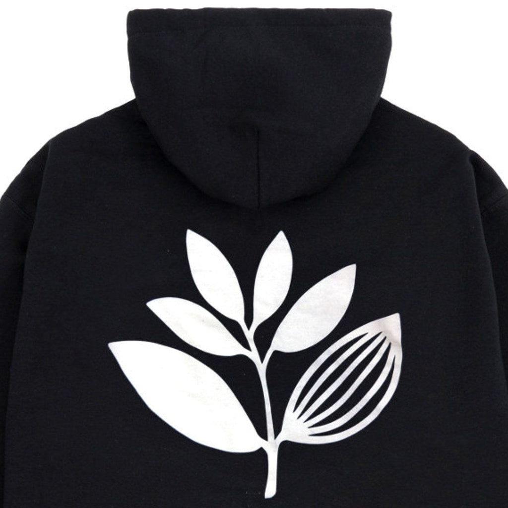 Black Magenta Skateboards Plant Hoodie with colorful plant graphic, displayed flat showing front design and hoodie details.
