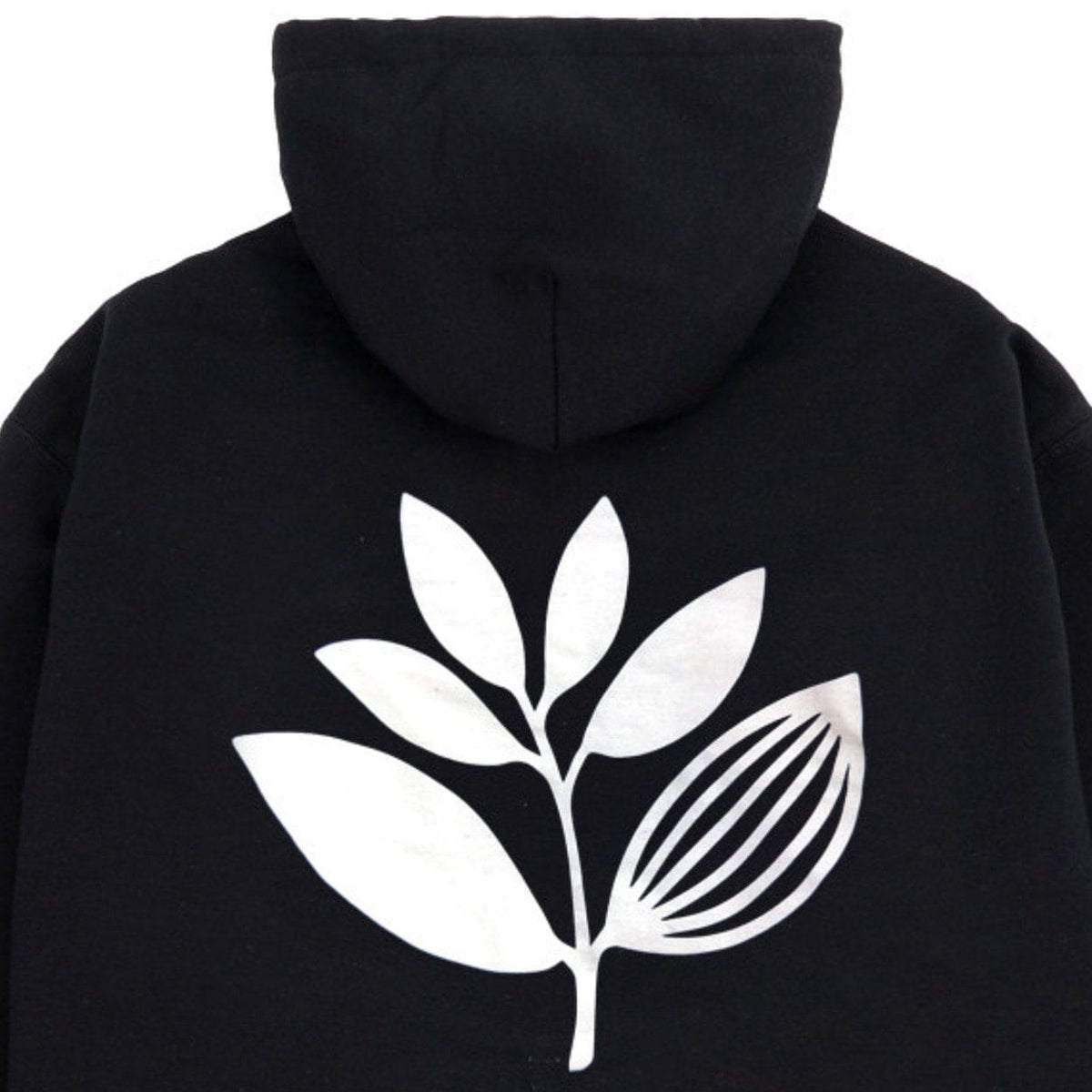 Black Magenta Skateboards Plant Hoodie with colorful plant graphic, displayed flat showing front design and hoodie details.