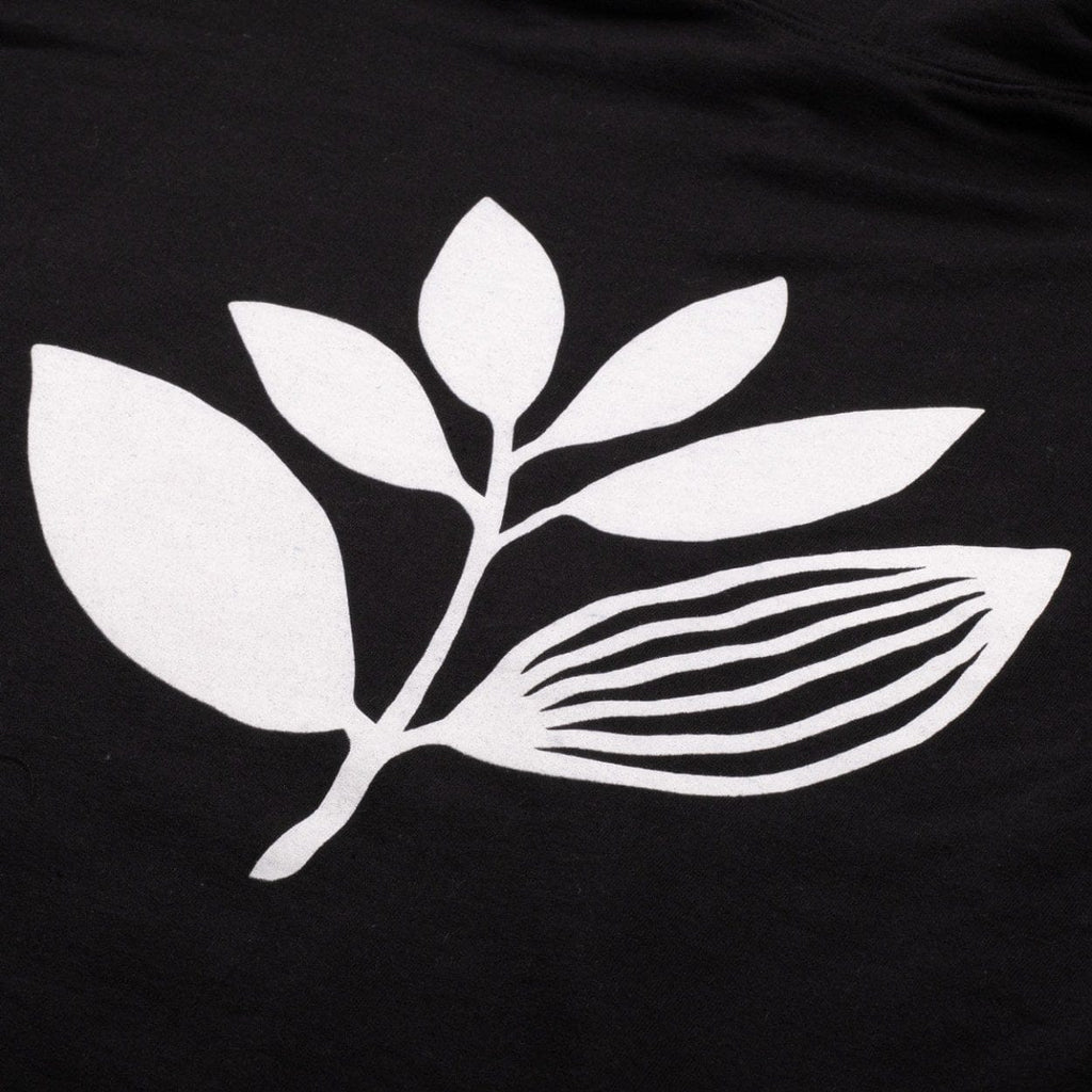 Magenta Skateboards Plant Hoodie in black, featuring a colorful plant graphic on the front, made of soft fabric for casual wear.