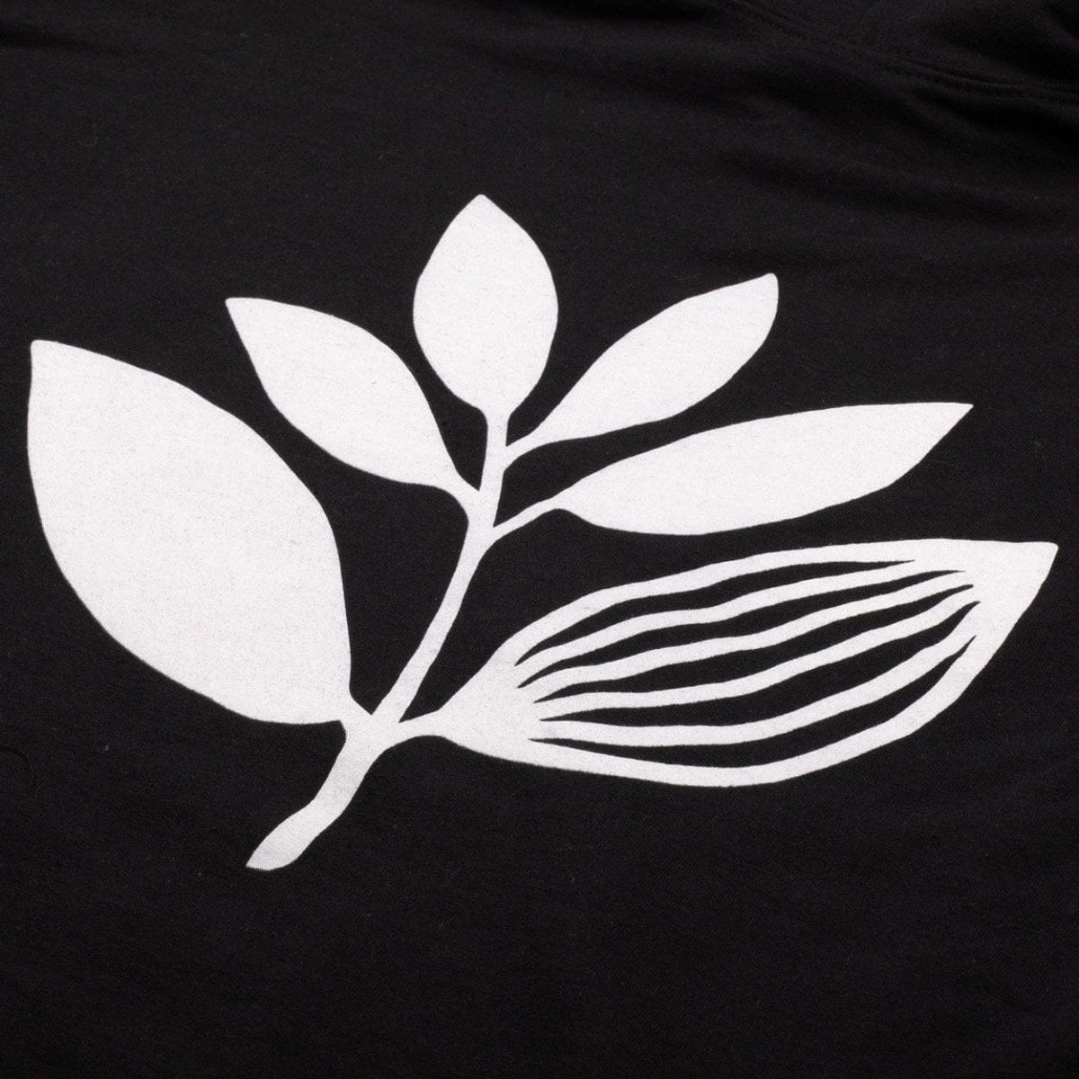Magenta Skateboards Plant Hoodie in black, featuring a colorful plant graphic on the front, made of soft fabric for casual wear.