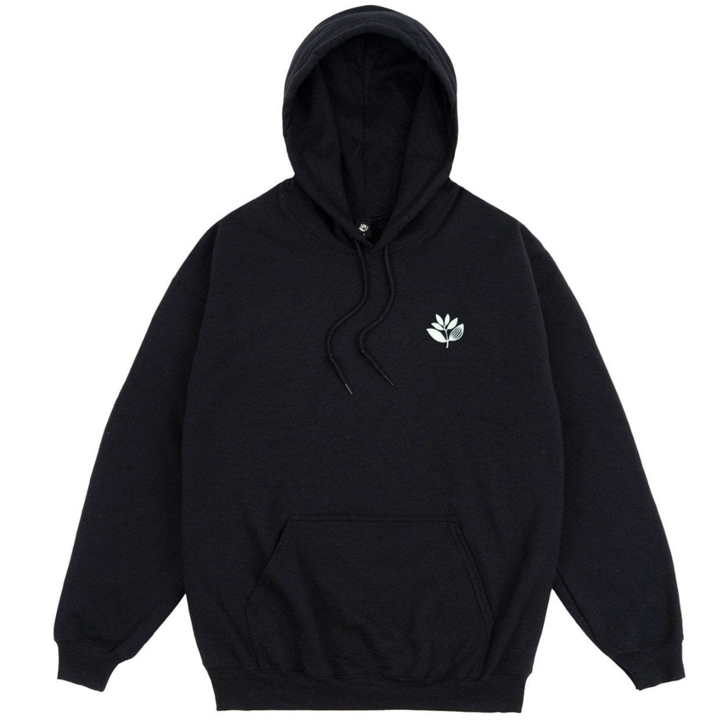 Magenta Skateboards Plant hoodie in black, featuring a plant graphic design on the front, made from soft fabric for casual wear.