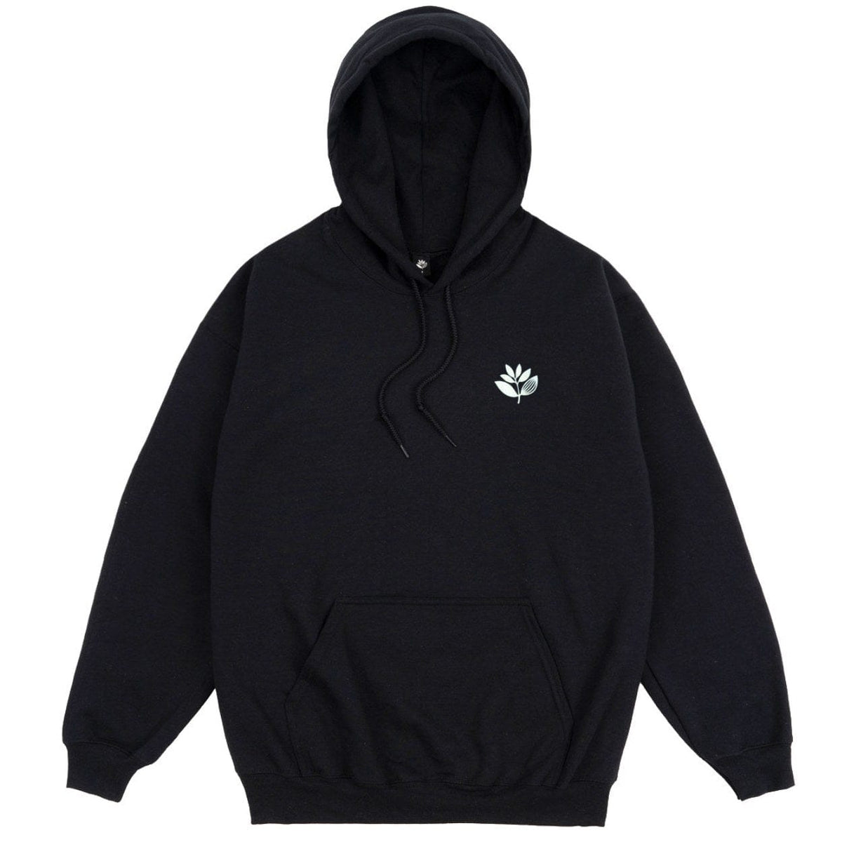 Magenta Skateboards Plant hoodie in black, featuring a plant graphic design on the front, made from soft fabric for casual wear.