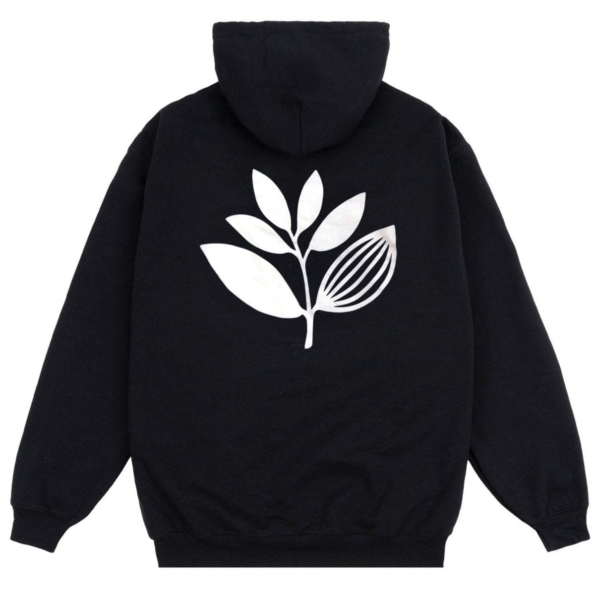 Black Magenta Skateboards Plant hoodie with a colorful plant graphic on the front, made from soft, comfortable fabric.