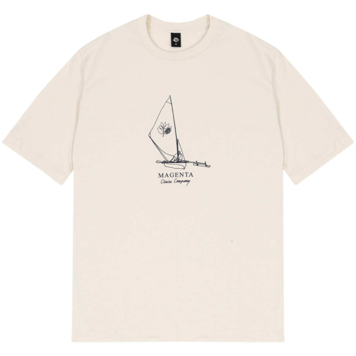 Magenta Skateboards Cruise Co T-Shirt in natural color, casual unisex tee with skateboarding logo, soft cotton fabric.