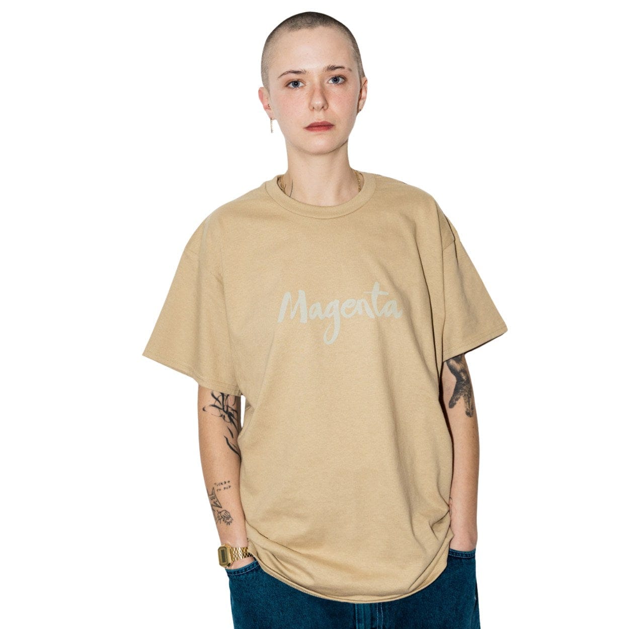 Magenta Skateboards Script T-Shirt | Beige - The Vines Supply Co