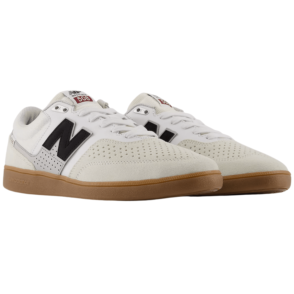 New Balance Numeric 508 skate shoes in Sea Salt and Black with a sleek design, featuring durable construction and skate-ready style.