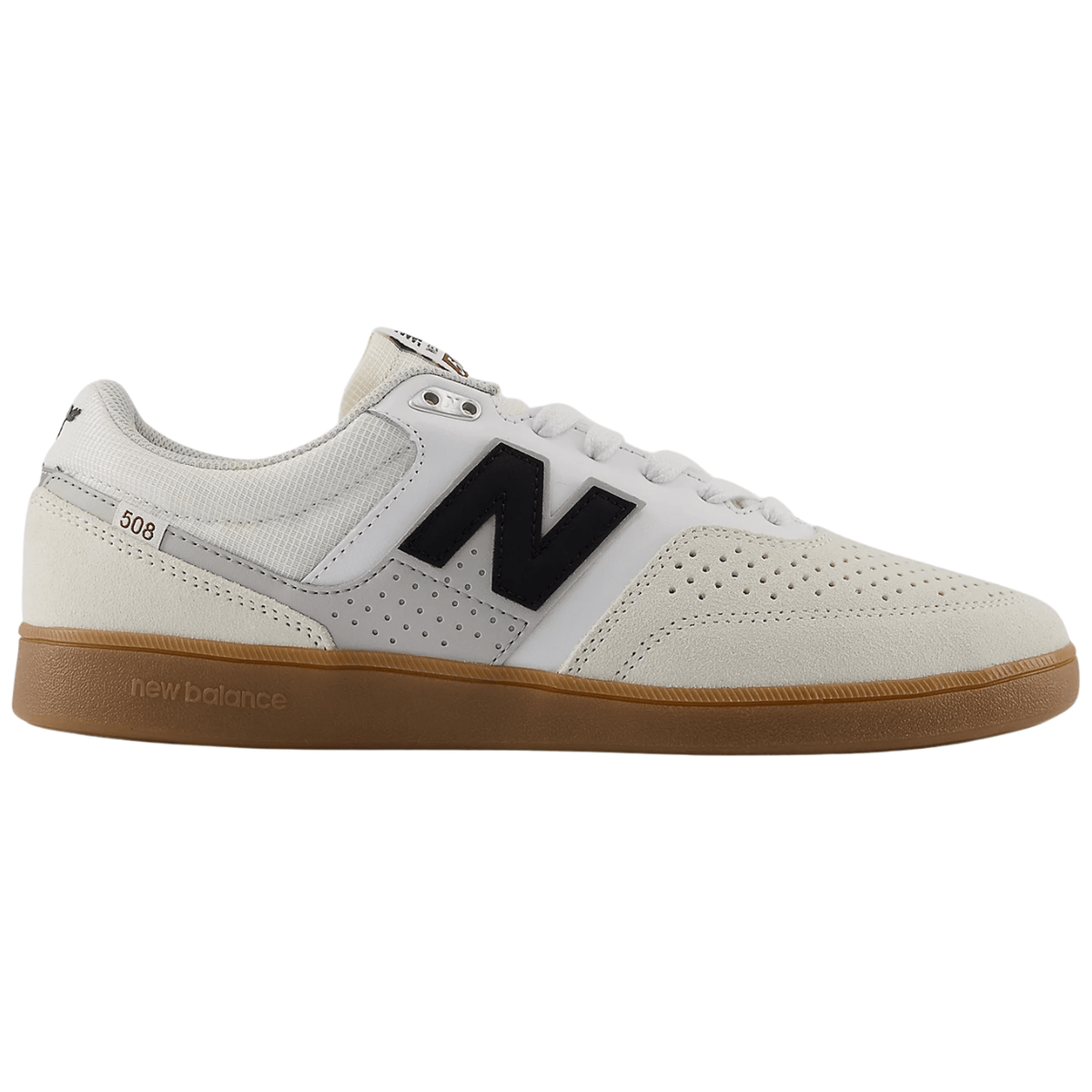 New Balance Numeric 508 skate shoes in Sea Salt and Black, featuring durable design and branding, suitable for skateboarding.