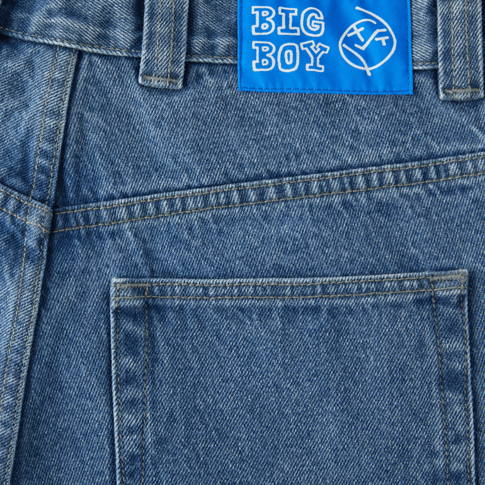 Mid blue Polar Skate Co Big Boy Jeans showing classic fit, denim texture, and front pockets, styled for casual wear.