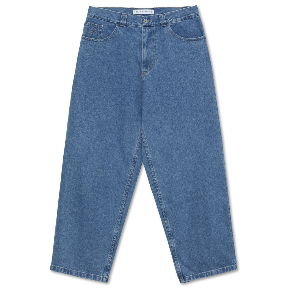 Mid blue Polar Skate Co Big Boy Jeans laid flat, showcasing classic denim style and stitching details.