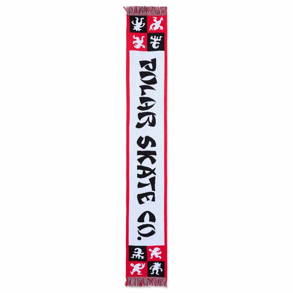 Red Polar Skate Co Checkers Football Scarf featuring a bold checkered pattern and woven branding, perfect for skate style.