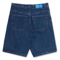 Dark blue Polar Skate Co Big Boy Shorts displayed on a model, showcasing casual, relaxed-fit skate shorts for everyday wear.