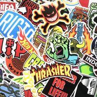 Assorted skateboard stickers from The Vines brand featuring colorful skateboarding-themed designs in a 50-pack.