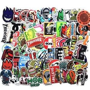 Assorted skateboard stickers from The Vines featuring skateboarding brand designs in an 80-pack, ideal for customizing skateboards.