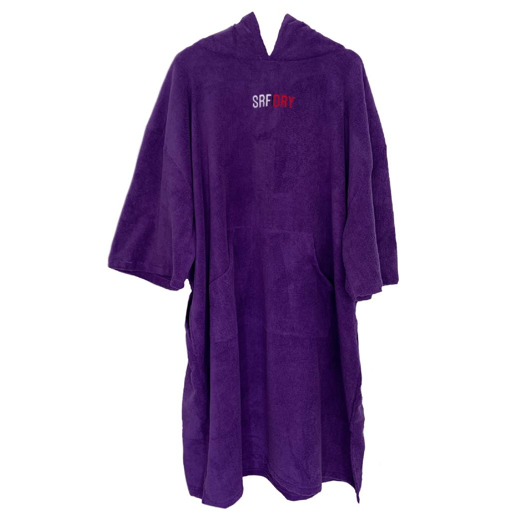 SRF DRY purple medium changing robe, hooded poncho for surf, swim, and triathlon, made for comfortable changing and drying.