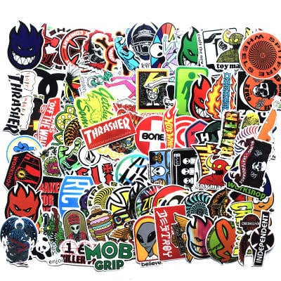 Assorted skateboard stickers featuring The Vines brand logo and designs, perfect for customizing skateboards or accessories.