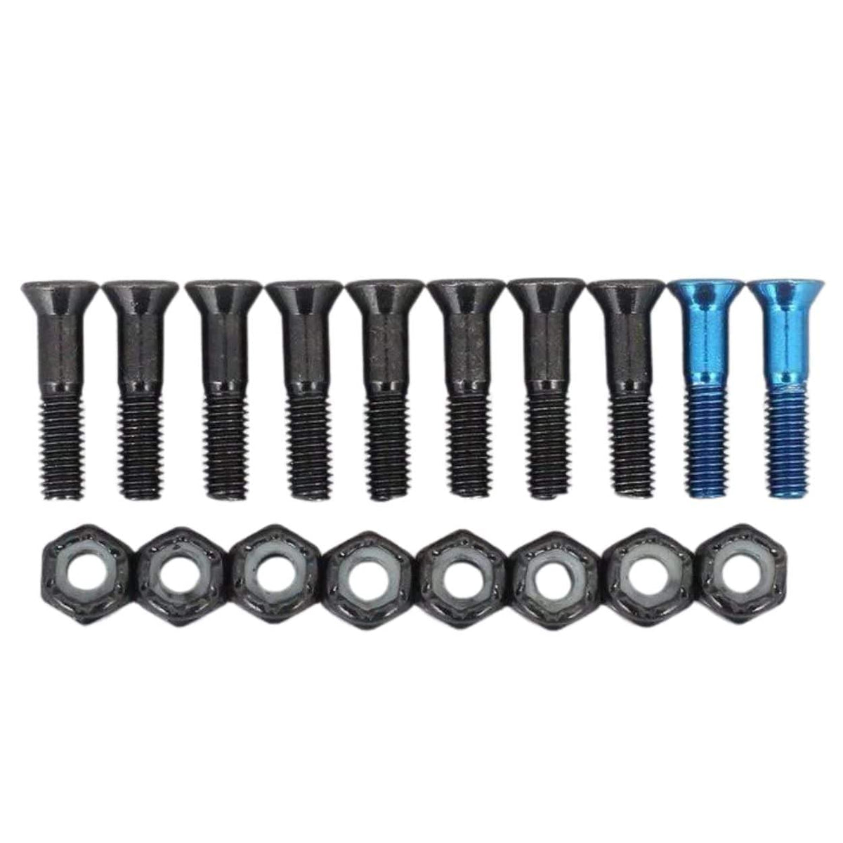 Black and blue Thunder Phillips skateboard bolts with 7/8-inch length, designed for secure truck attachment.