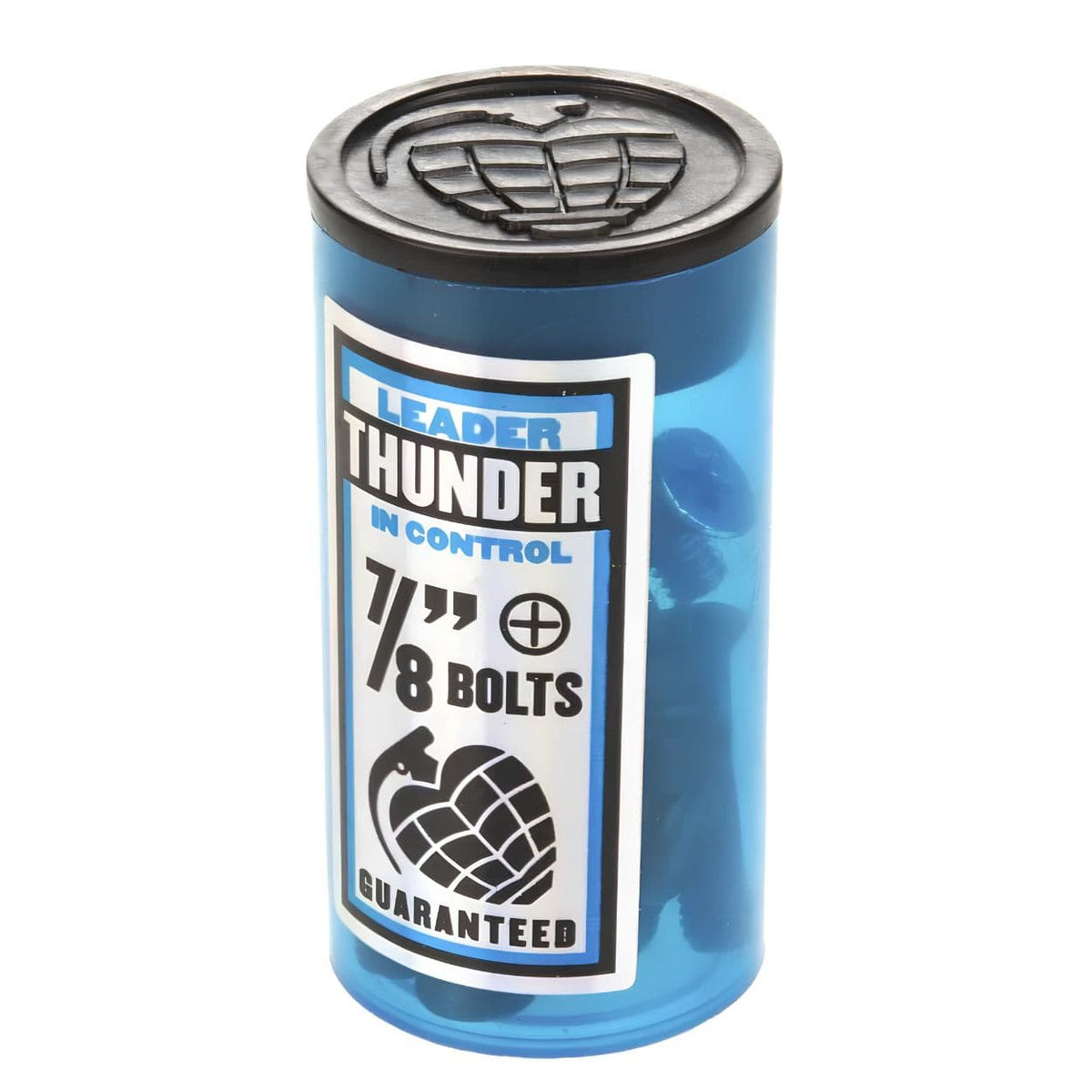 Black and blue Thunder Phillips skateboard bolts with 7/8-inch size, designed for secure skateboarding setups.