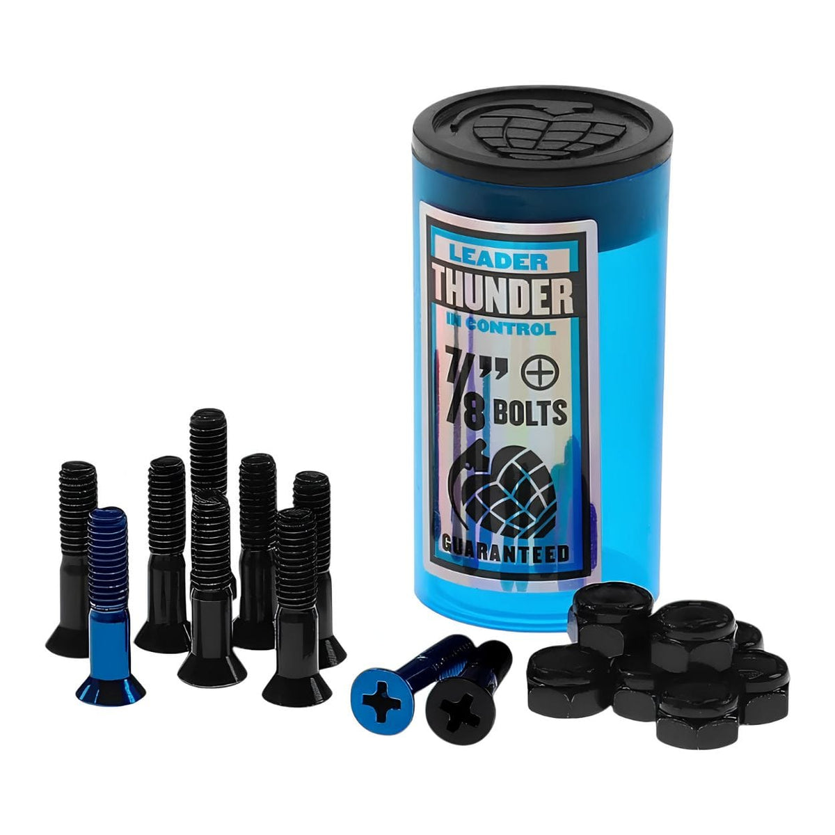 Black and blue Thunder Phillips skateboard bolts, 7/8 inches, for trucks and deck assembly, from Thunder Trucks.