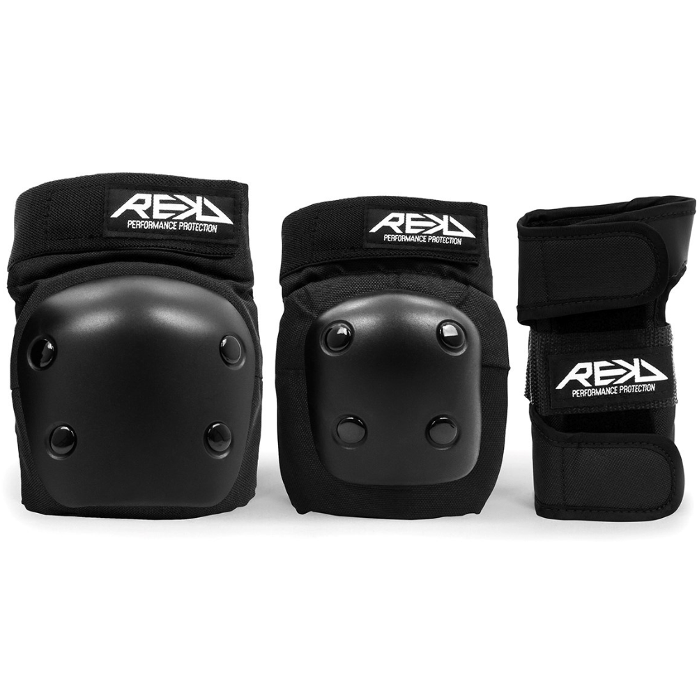 Black Rekd Heavy Duty 3 Piece Triple Pad Set by Triple 8, includes knee, elbow, and wrist pads for protection.