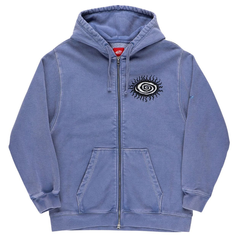 Navy Vans Skate Sun Swirl Zip Hoodie with front zipper and graphic design, casual style, worn by a person outdoors.