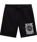 Black Vans Smiling Sun fleece shorts with a colorful sun graphic on the front, casual and comfortable for everyday wear.