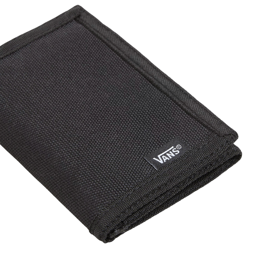 Black Vans Slipped Trifold Wallet with multiple card slots and a secure fold-over design, made from durable material.