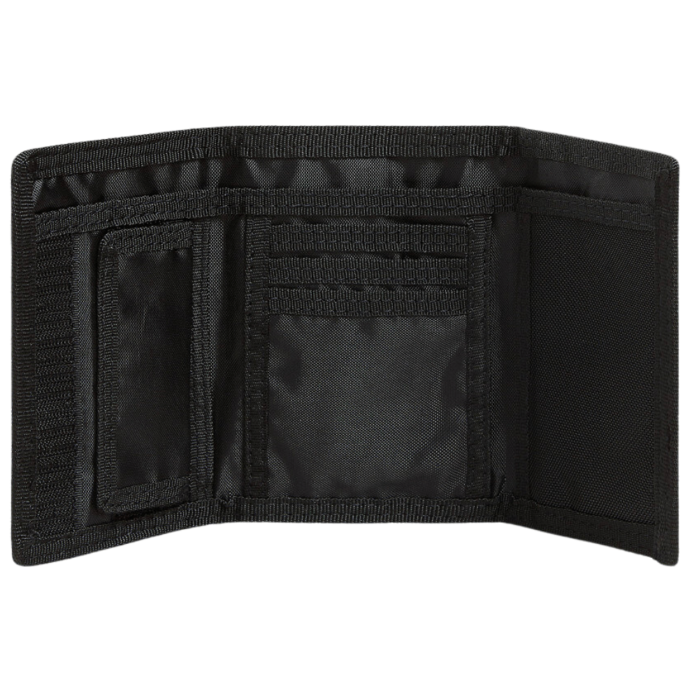 Vans Slipped Trifold Wallet in black and charcoal checked pattern with multiple card slots and a secure fold design.