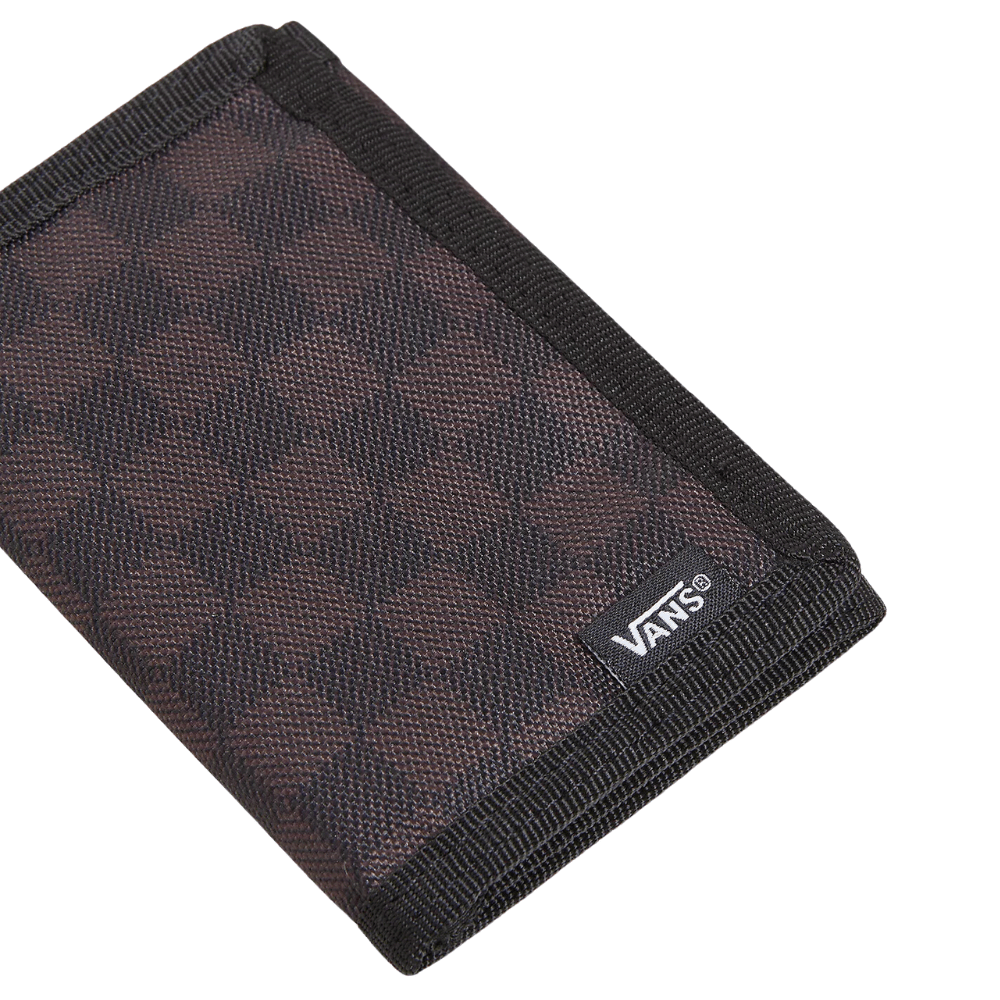 Vans Slipped Trifold Wallet in black and charcoal checked pattern with multiple card slots and a secure fold-over design.