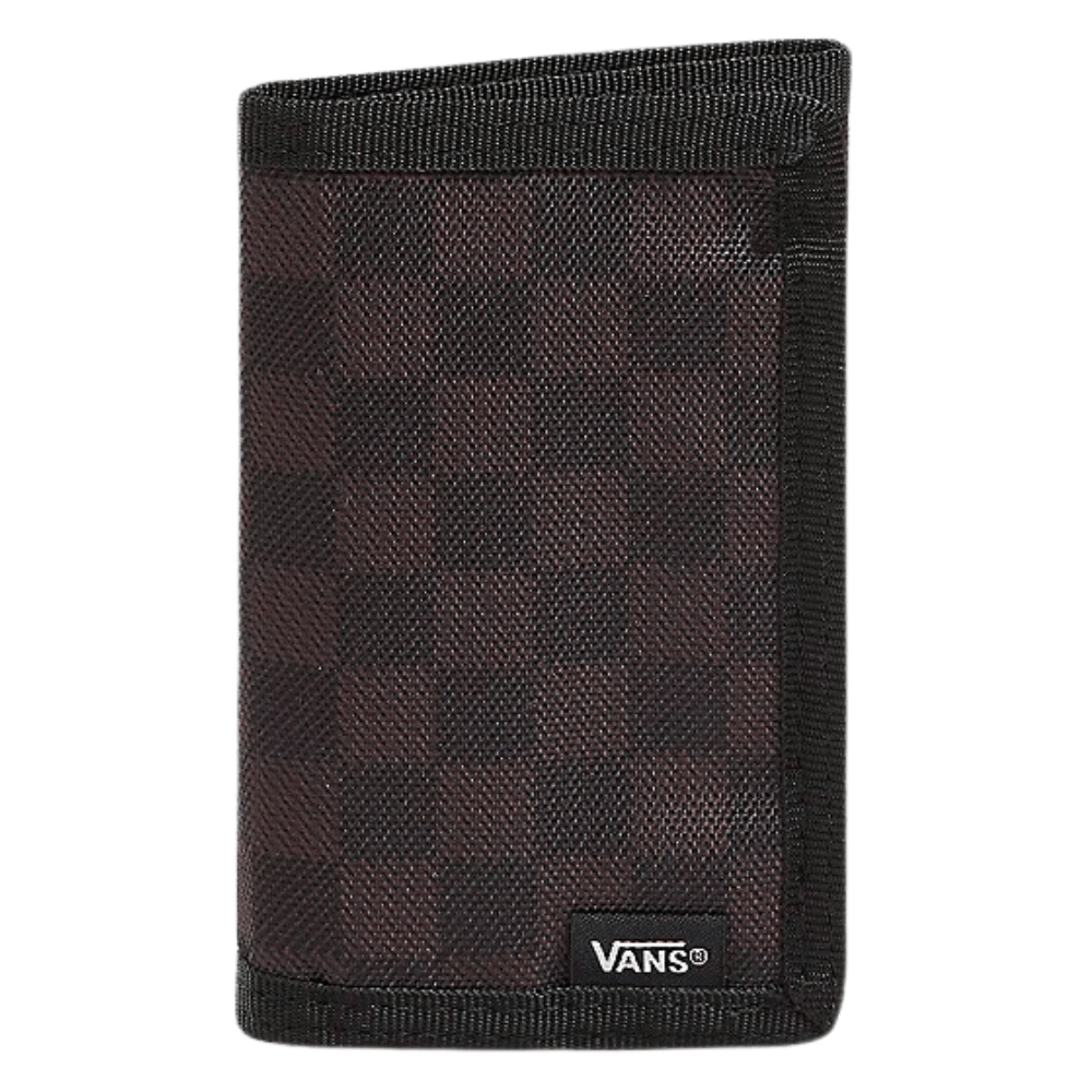 Vans Slipped Trifold Wallet in black and charcoal checked pattern with multiple card slots and cash compartment.