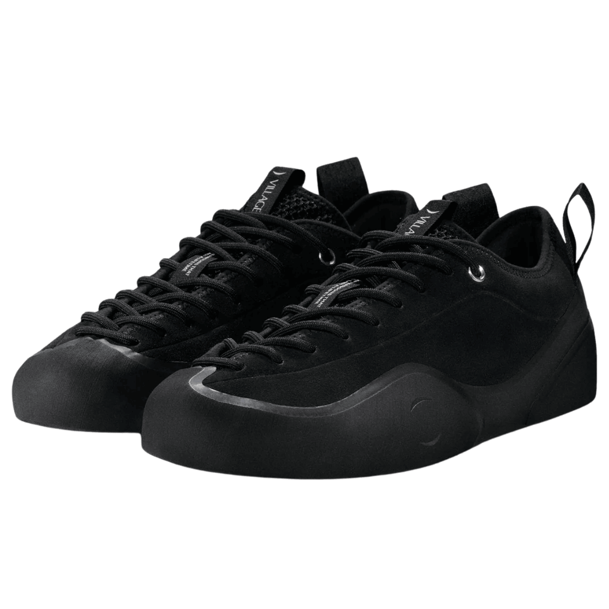 Village PM 1:00 PM suede skate shoes in black, featuring a sleek design and durable sole for skateboarding and casual wear.