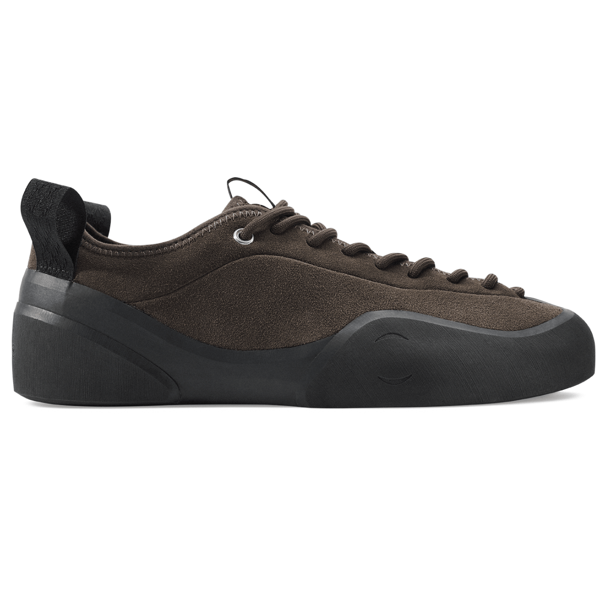 Village PM 1:00 PM suede skate shoes in chocolate brown with white laces and rubber soles, stylish and comfortable for skateboarding.