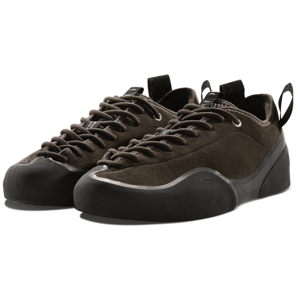 Village PM 1:00 PM Suede Skate Shoes in chocolate brown with a low-top design and lace-up closure.