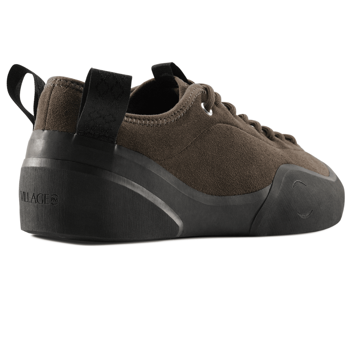Village PM 1:00 PM suede skate shoes in chocolate brown, featuring a low-top design, lace-up closure, and textured suede material.